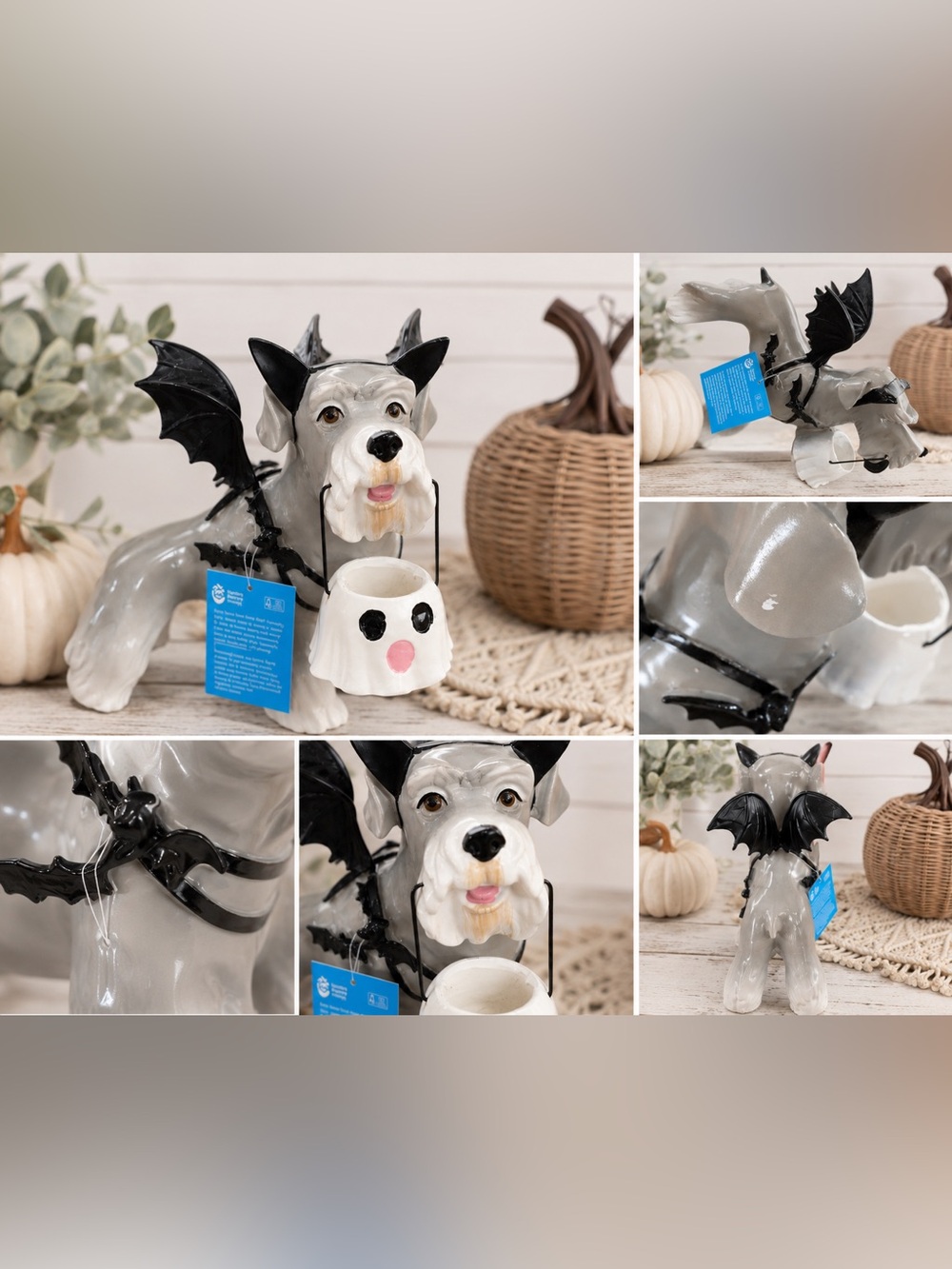 Viral Ceramic Schnauzer Dog Figurine with Bat Wings & Ghost Candy Bucket –